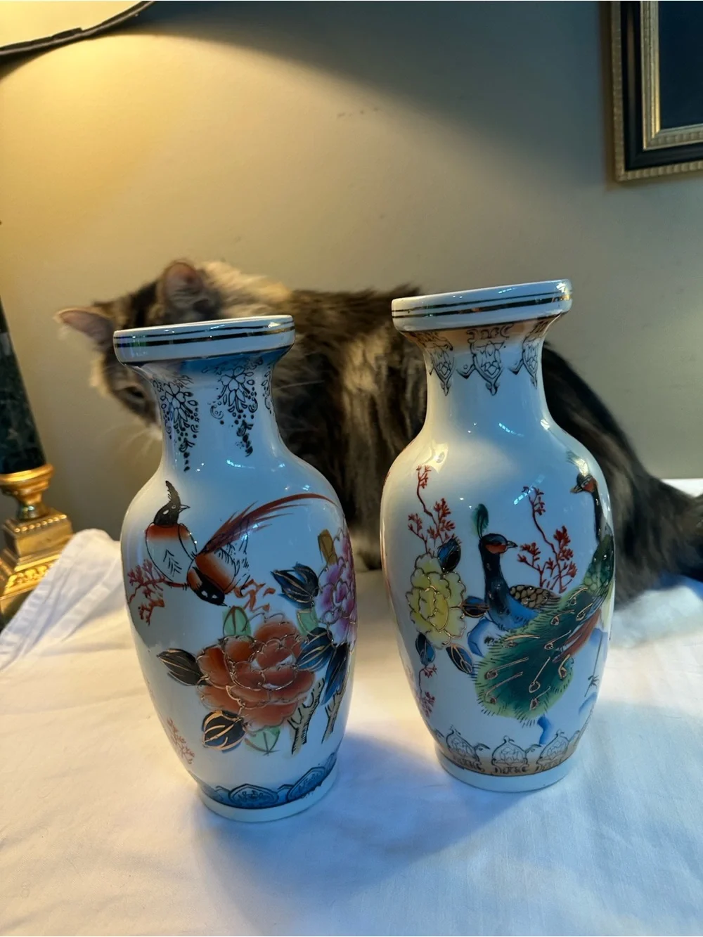 Decorative Chin Porcelain Floral & Bird Vases in White and Multicolor - Set of 2